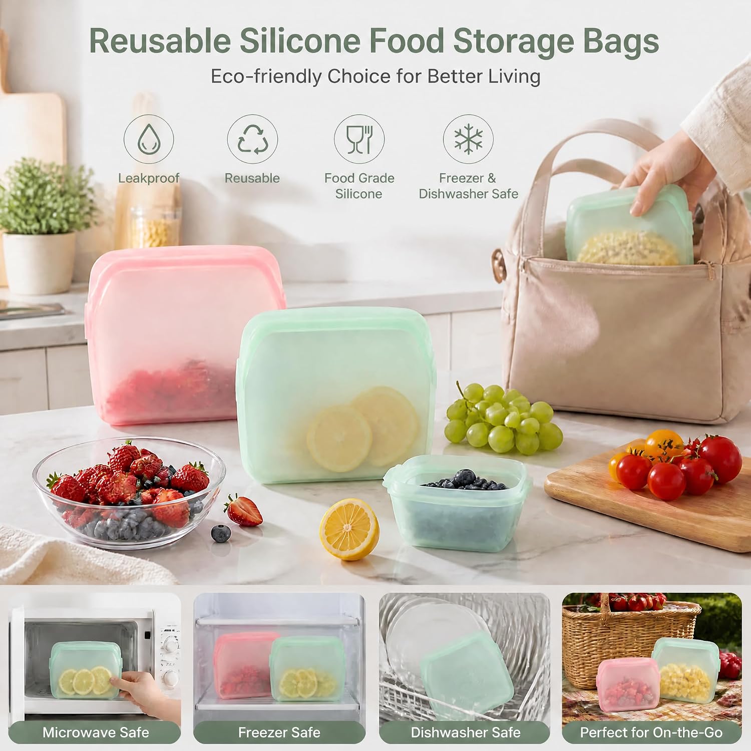 5 Pack Reusable Silicone Food Storage Bags Leakproof Freezer Safe