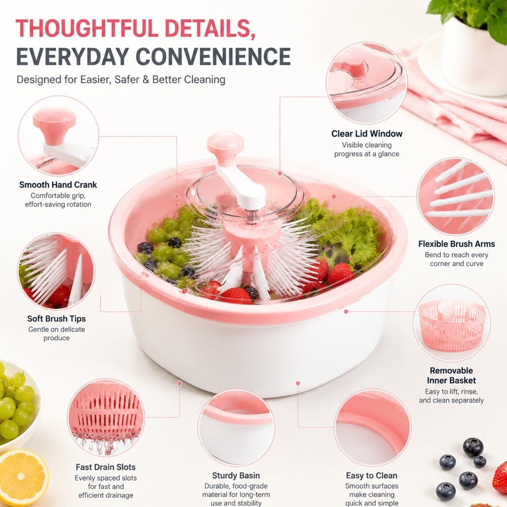 Hand Crank Fruit Vegetable Spinner Cleaner with Drain Basket & Brush
