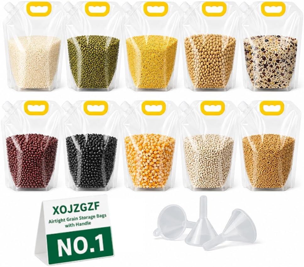 10 Pcs Grain Storage Bags with Handle, Stand‑Up Dry Food Pouches