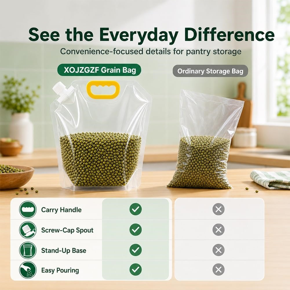10 Pcs Grain Storage Bags with Handle, Stand‑Up Dry Food Pouches
