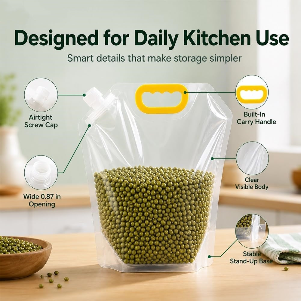 10 Pcs Grain Storage Bags with Handle, Stand‑Up Dry Food Pouches