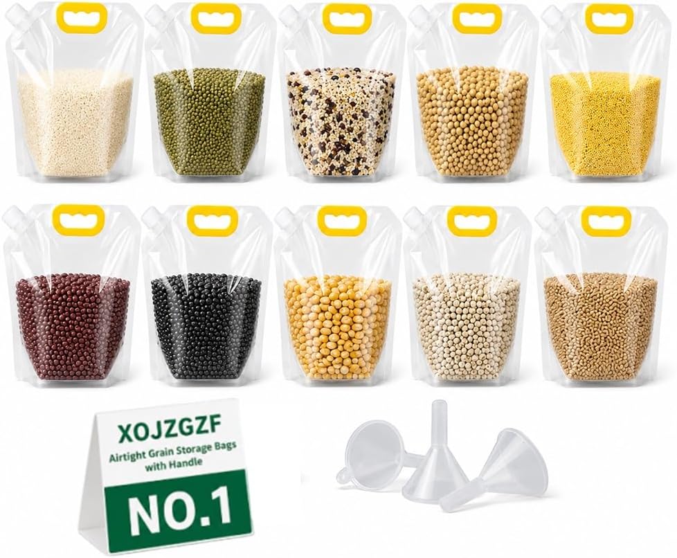 10 Pcs Grain Storage Bags with Handle, Stand‑Up Dry Food Pouches