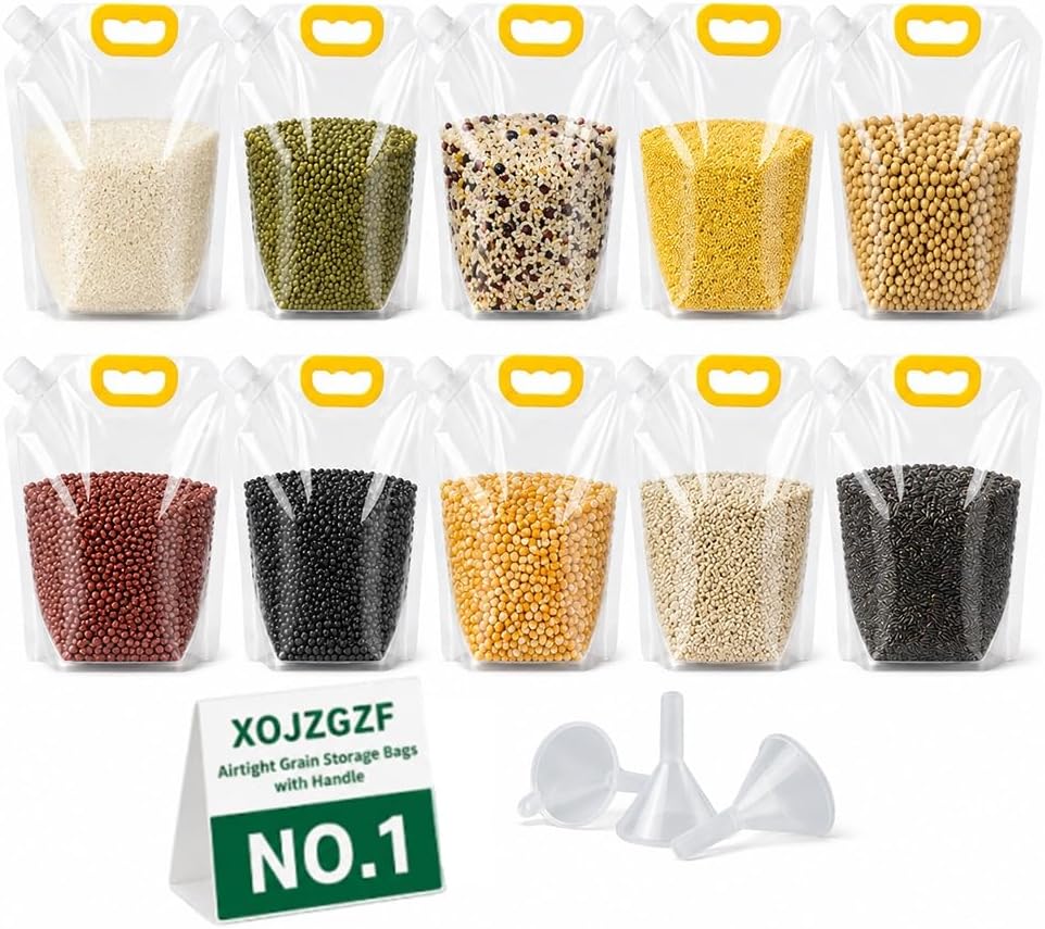 10 Pcs Grain Storage Bags with Handle, Stand‑Up Dry Food Pouches