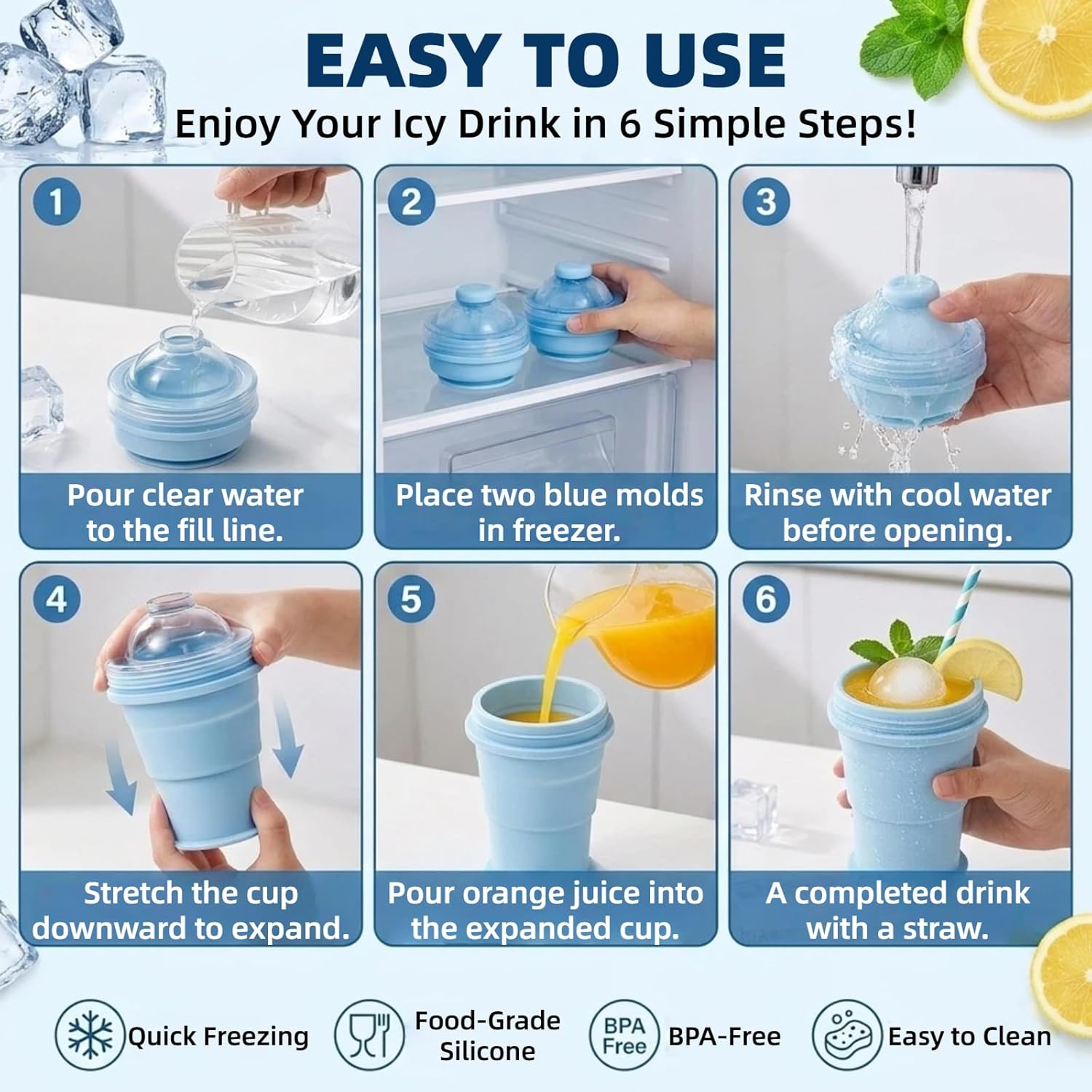 2-in-1 Foldable Silicone Ice Ball Cup with Straw & Lid